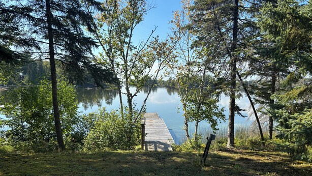 A wooden dock extending into a calm lake surrounded by dense trees. - Rustic Cabin Getaway Near Kenora (Kenora)