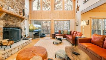 Smart TV, fireplace, foosball