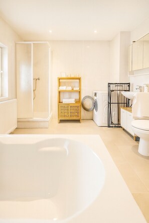 Hair dryer, towels, soap, toilet paper