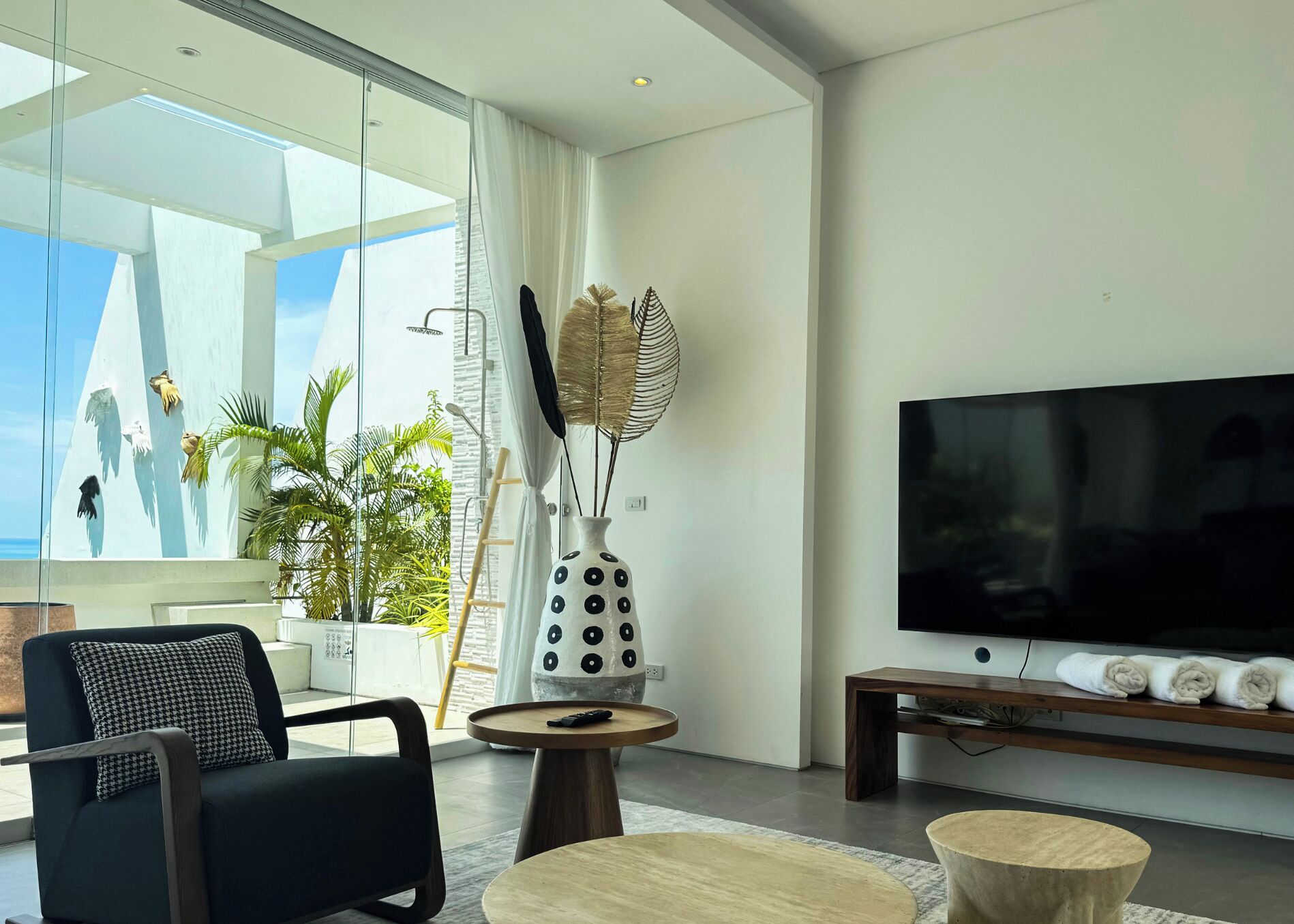 A modern living room with a large TV, a sofa, a coffee table, and a decorative vase.