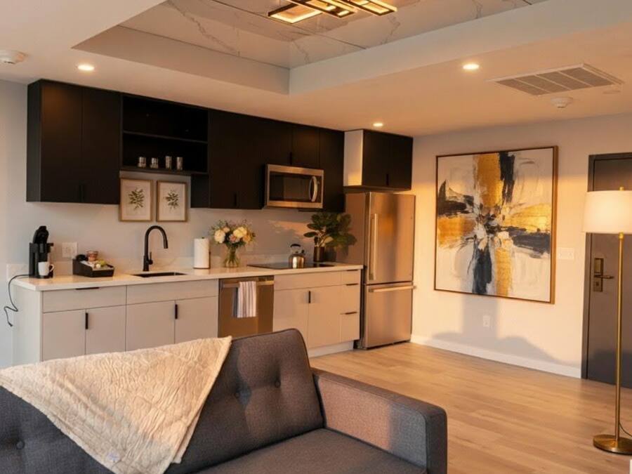 A modern kitchen with dark cabinetry, a stainless steel refrigerator, and a microwave.