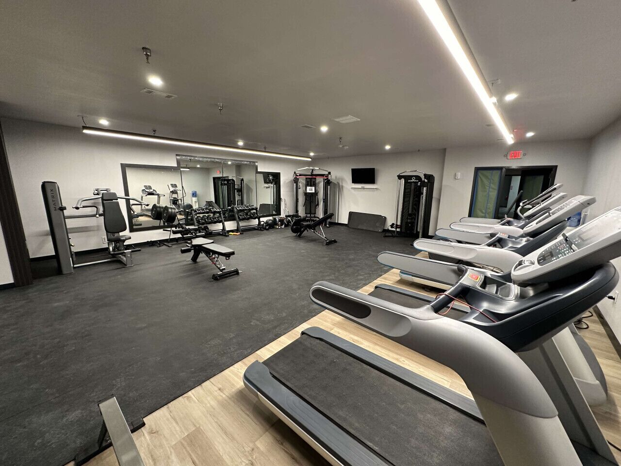 A modern gym with treadmills, weight machines, and a mirror wall.