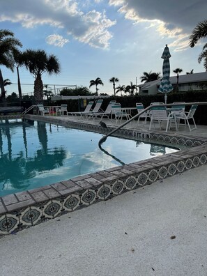 A swimming pool with tiled edges, lounge chairs, and a palm tree in the background.