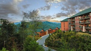 A lodge with multiple floors and balconies, surrounded by lush greenery and a winding road.