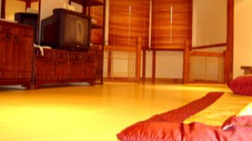 Una habitació amb un terra de fusta, un televisor sobre un moble de fusta, i un coixí vermell al terra.