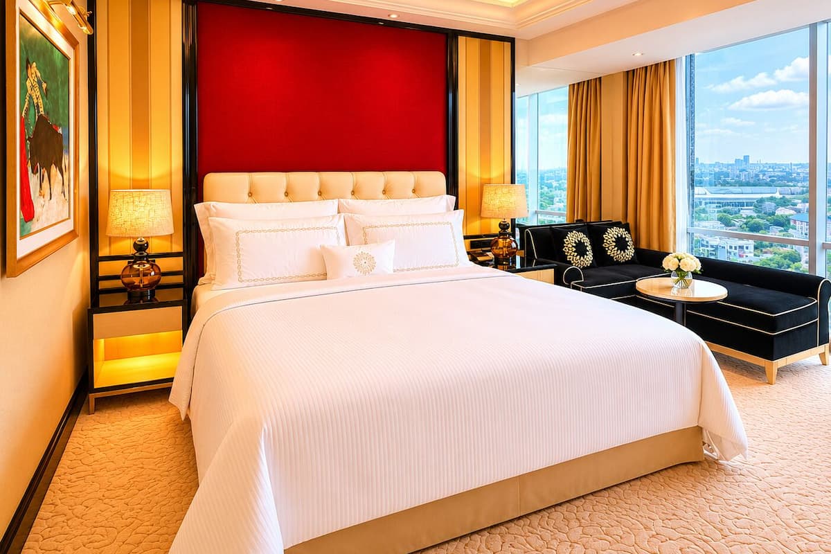A hotel room with a large bed, a sofa, a view of the city, and a red accent wall.