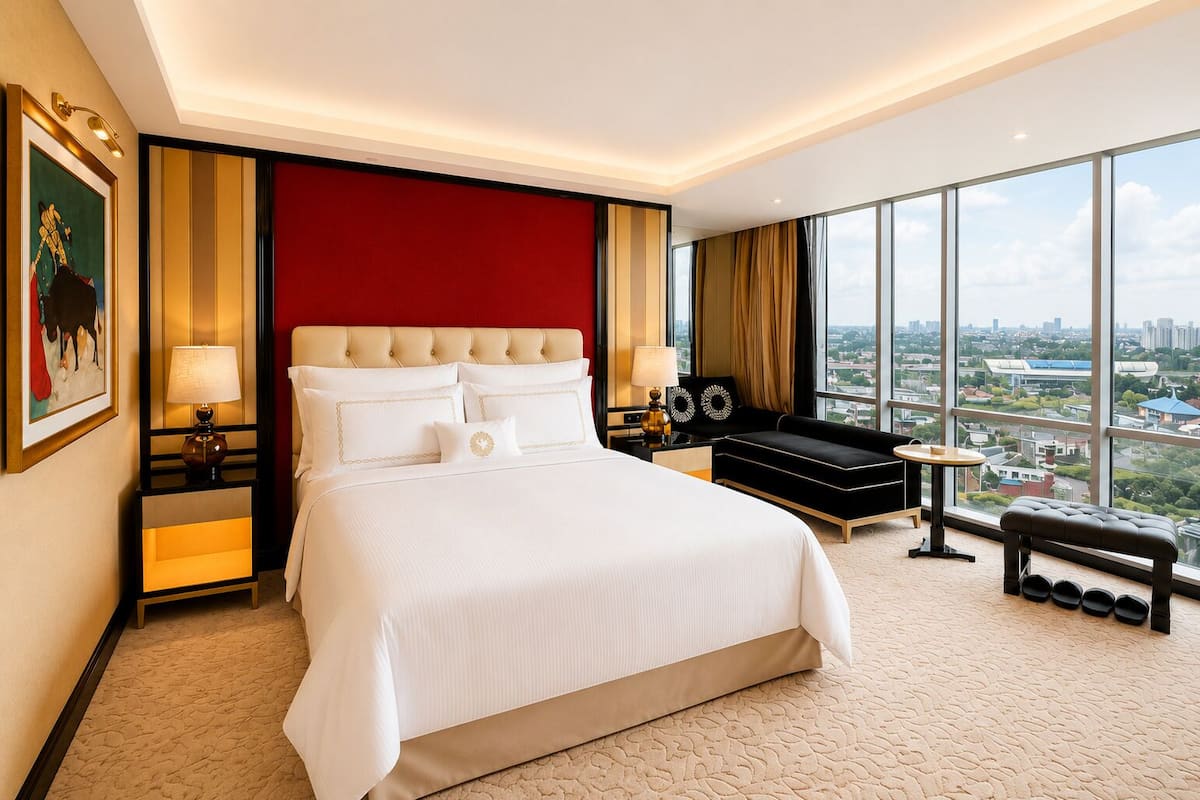 A large bed with a red headboard, two bedside tables with lamps, a black sofa, a small table, and a bench.