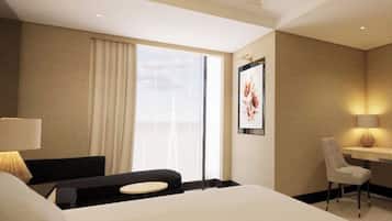 Desk, laptop workspace, blackout curtains, iron/ironing board