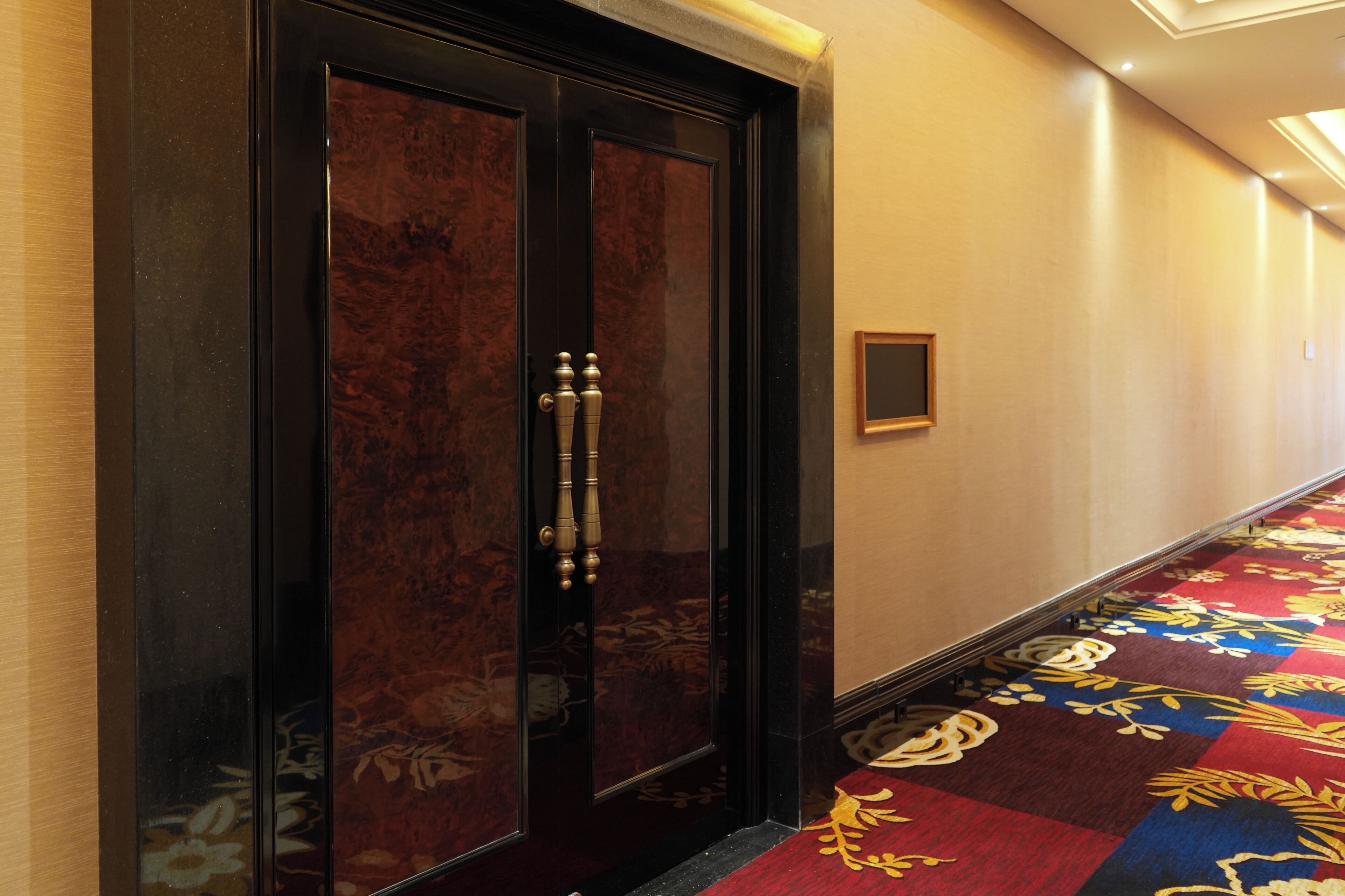 A hallway with a dark wooden door, a carpeted floor with floral patterns, and a small framed picture on the wall.