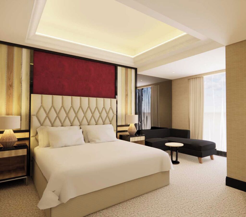 Desk, laptop workspace, blackout curtains, iron/ironing board