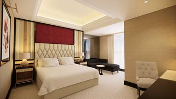 Premium bedding, pillowtop beds, free minibar items, desk