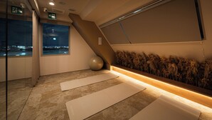 Quarto com uma janela grande, uma bola de exercício fixada na parede e dois tapetes de exercício no chão.
