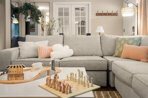 Smart TV, fireplace, video games, music library
