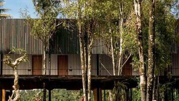 A treehouse with a wooden deck and a metal railing, surrounded by trees.