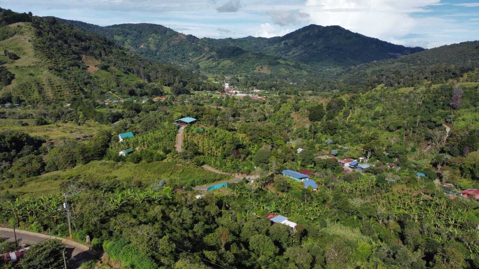 Un paysage rural avec des maisons dispersées, entourées d’une végétation luxuriante et des collines en arrière-plan.