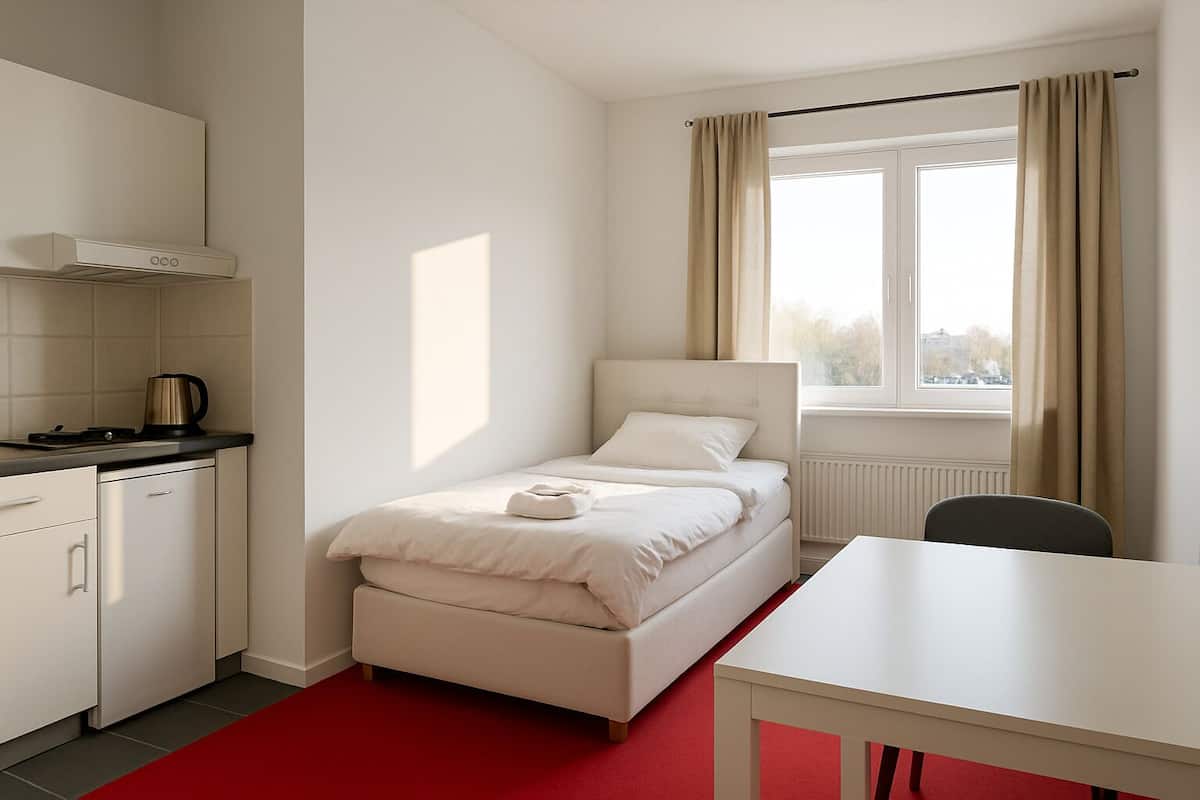 Una habitación de hotel compacta con cama, una mesita, kitchenette y una ventana con cortinas.