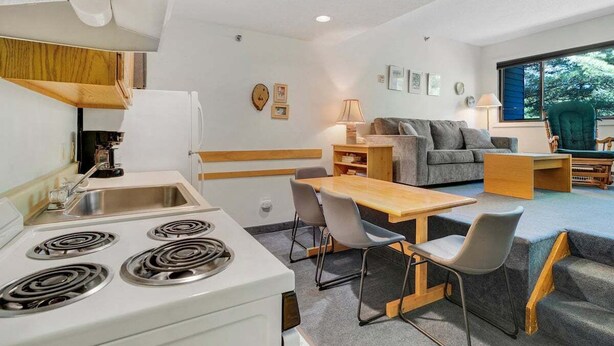 Een ruimtelijk ingerichte leefruimte met een kitchenette, een eethoek, een bank en een raam met uitzicht.