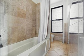 Hair dryer, towels, soap, shampoo