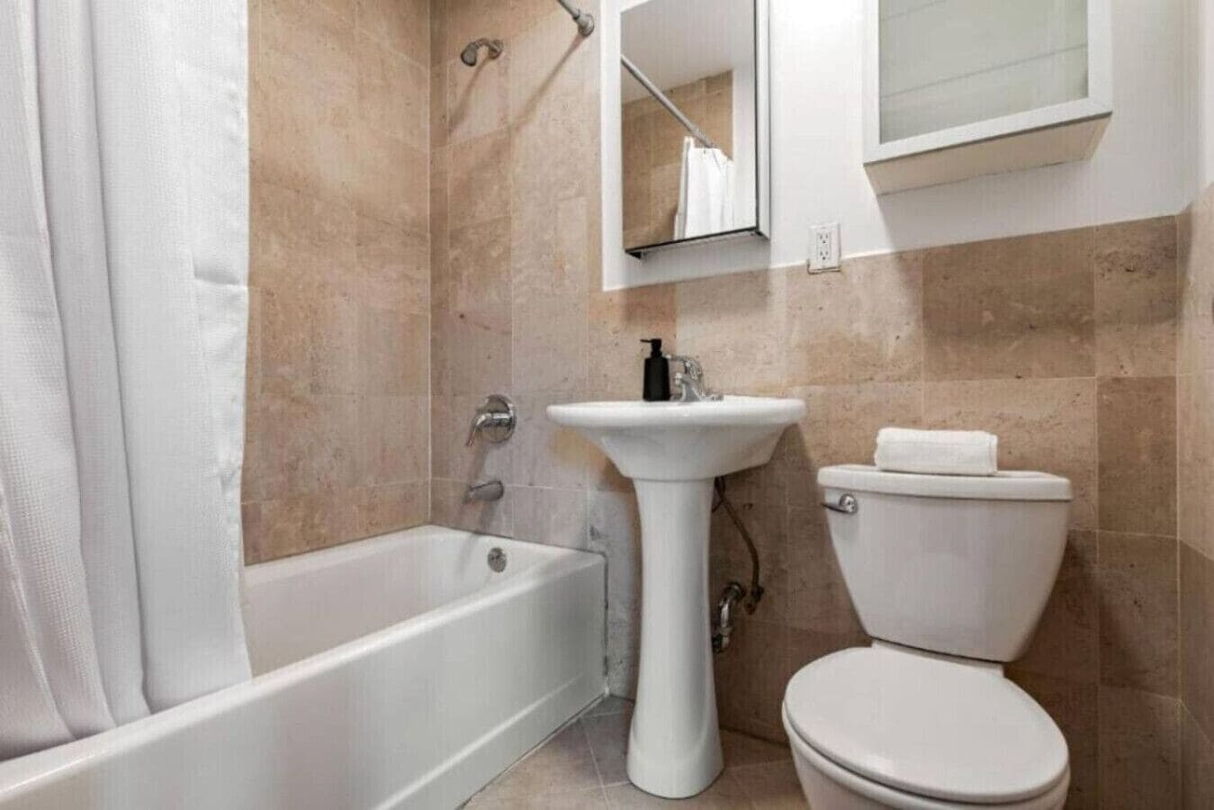 Hair dryer, towels, soap, shampoo