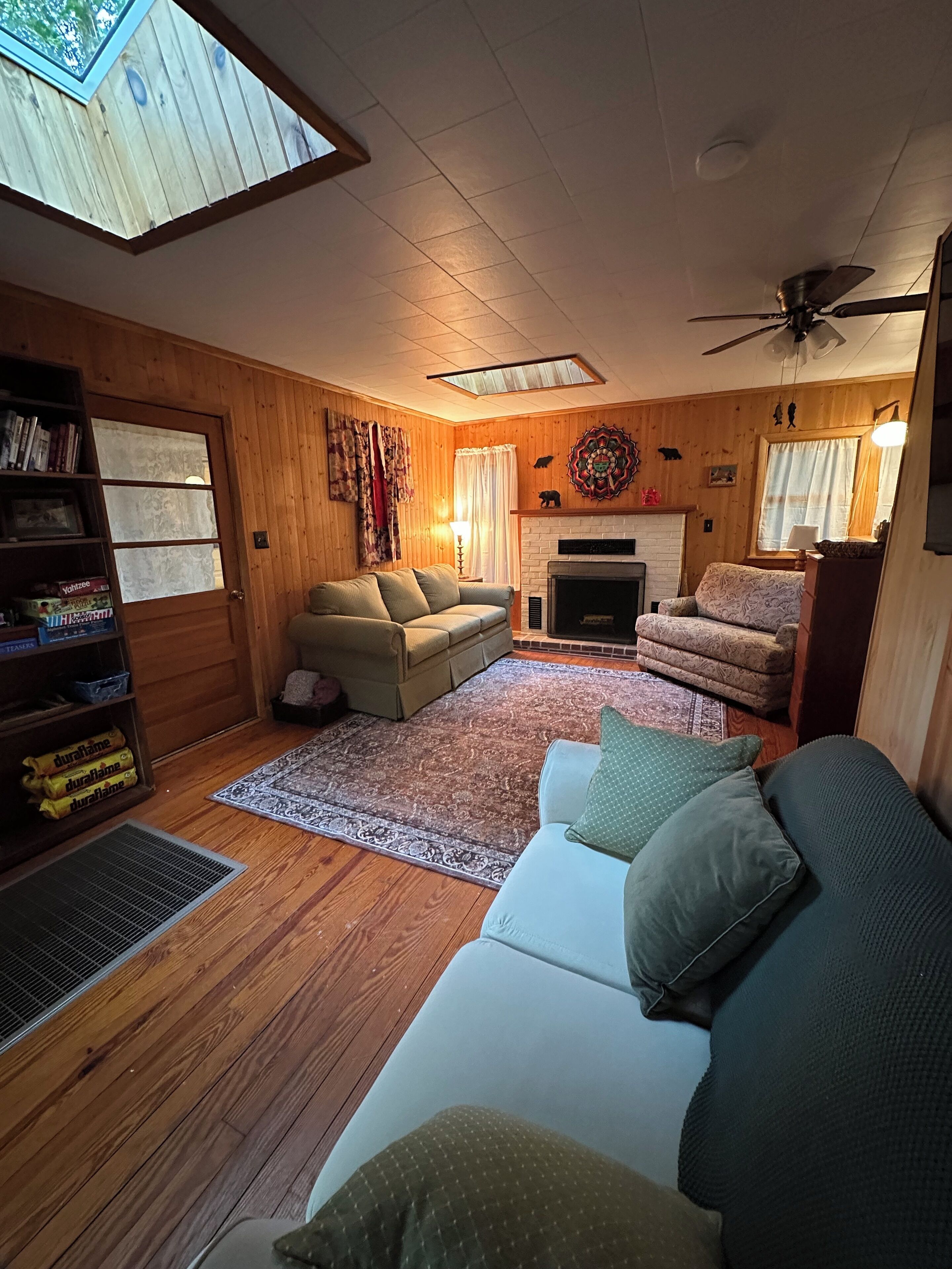 Smart TV, fireplace, books