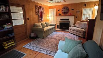 Smart TV, fireplace, books