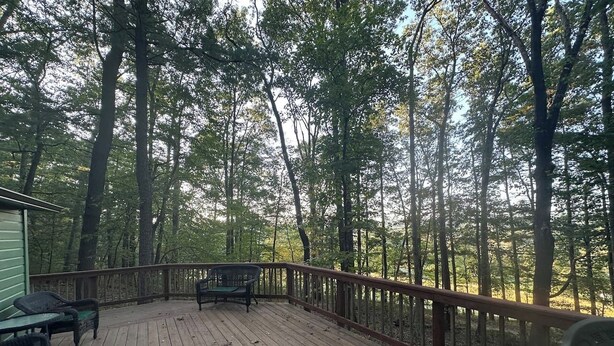 Une terrasse en bois avec une rambarde, entourée d’arbres.