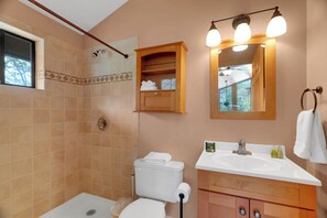 Hair dryer, towels, soap, toilet paper