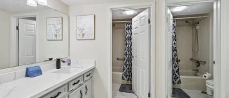 Shower, hair dryer, towels