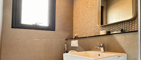 Hair dryer, towels, toilet paper