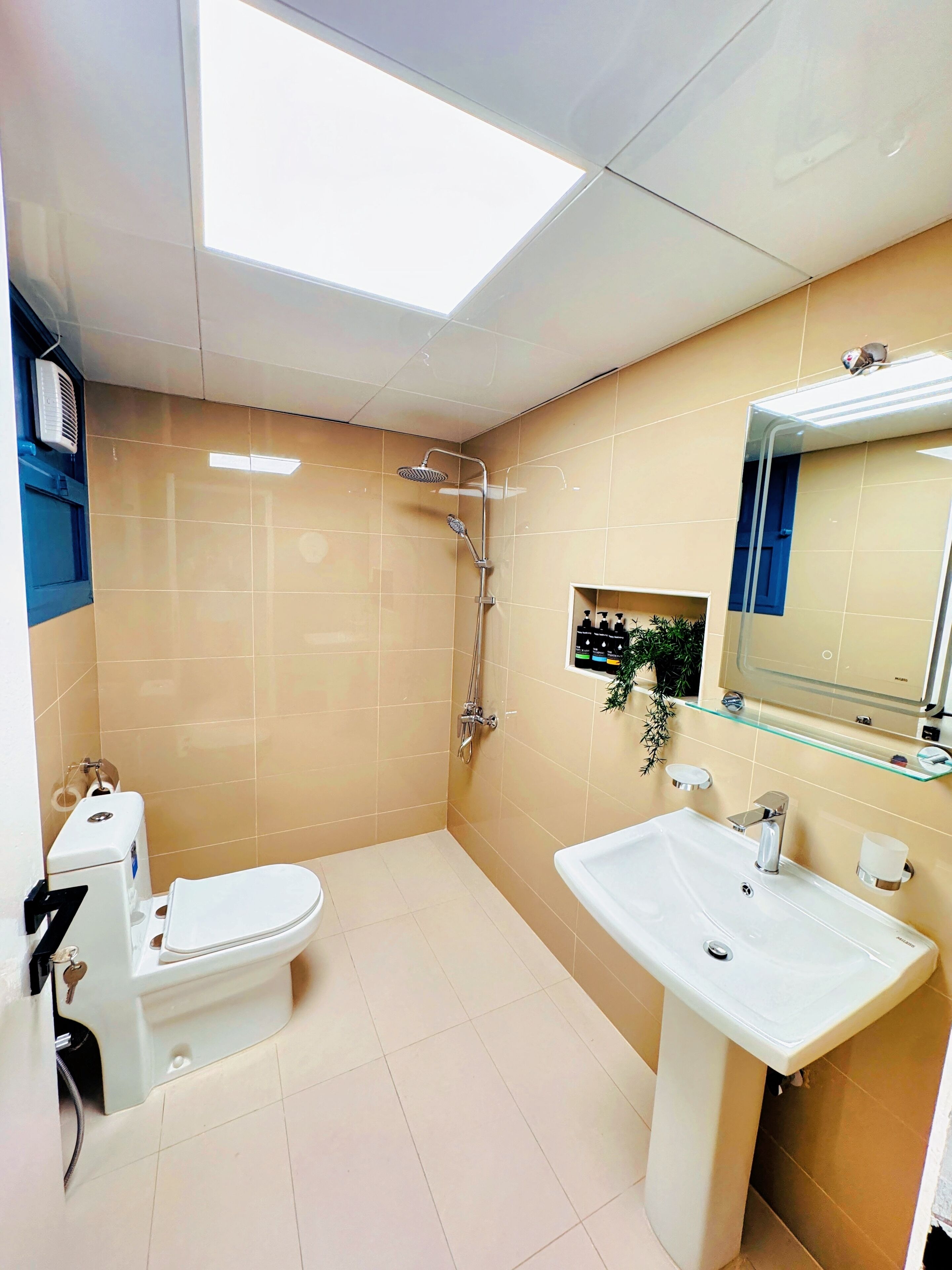Une salle de bain équipée de toilettes, d’un lavabo, d’une douche et d’un luminaire au plafond.