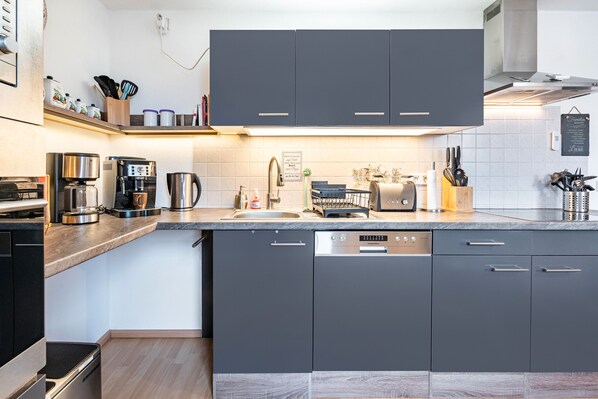 Fridge, microwave, oven, stovetop - Apartment 'Gohrischblick' with Mountain View and Wi-Fi (Gohrisch)