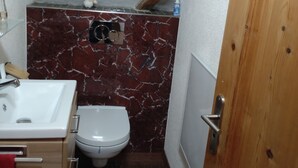 Een kleine badkamer met een wit wastafel, toilet en douche.