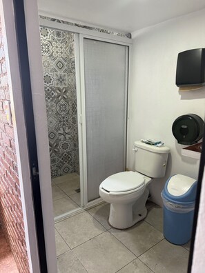 Hair dryer, towels, soap, toilet paper