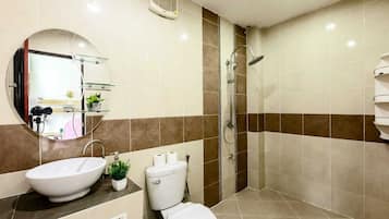 Hair dryer, bidet, towels, soap