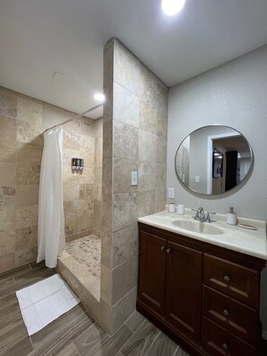 Hair dryer, towels, soap, toilet paper