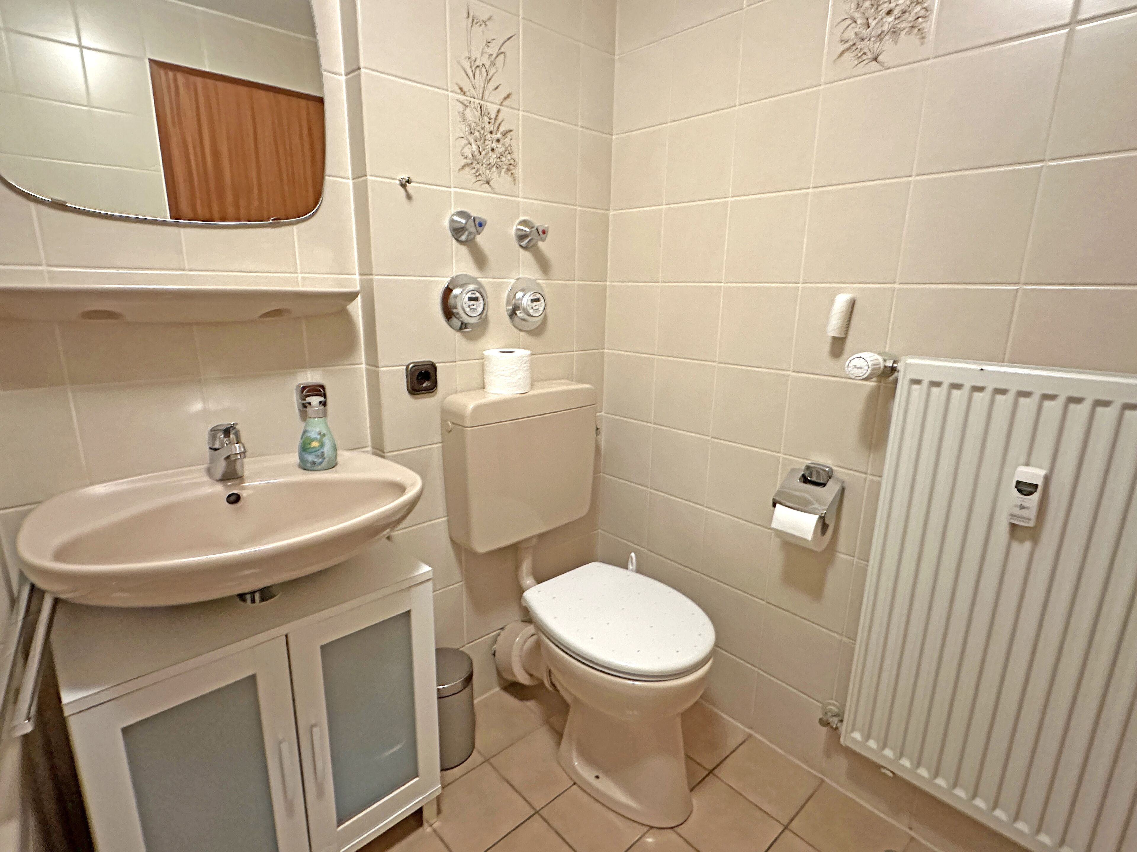 Une salle de bain avec un lavabo, des toilettes et un miroir.