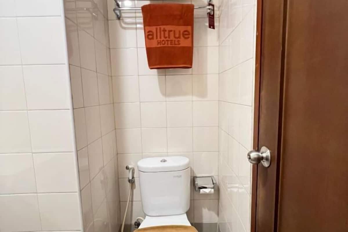 A bathroom with a toilet, a towel hanging on a rack, and a door.