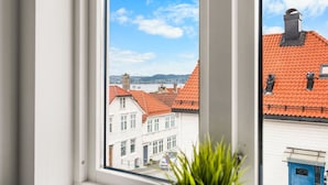 Uitzicht vanuit een raam op een straat met rode dakpannen en witte gebouwen, een heldere lucht en een ver verwijderd water.