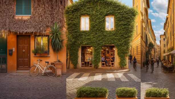 Un edificio con fachada cubierta de hiedra verde, una bicicleta estacionada adelante y una calle adoquinada con peatones.