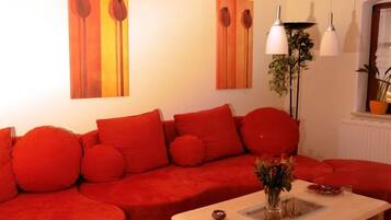 Smart-TV, DVD-Player, Bücher, Stereoanlage