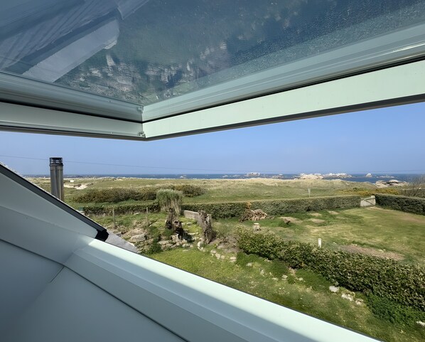 A view through a skylight of a grassy landscape with a distant coastline.