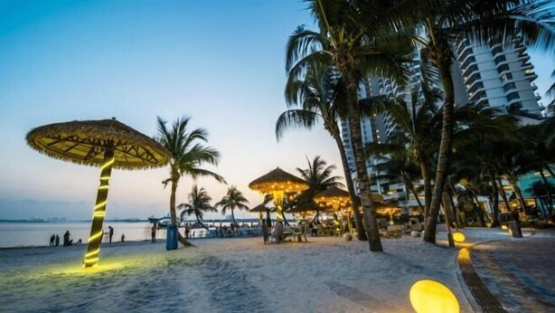 A beachside resort with thatched umbrellas, palm trees, and a sandy walkway.