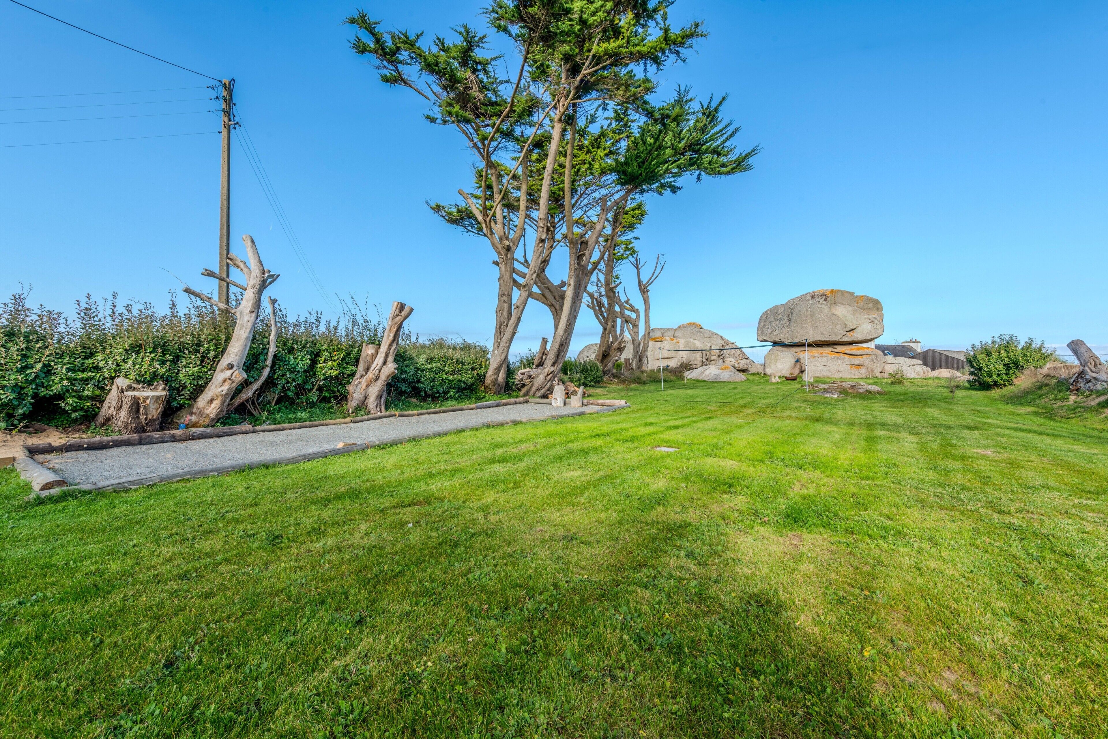 A grassy area with trees and a large rock formation.