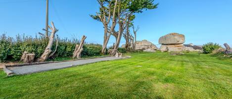 A grassy area with trees and a large rock formation.