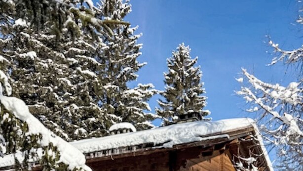 Una cabaña de madera con base de piedra, rodeada de árboles cubiertos de nieve.