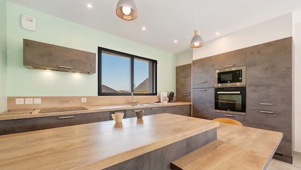 Une cuisine moderne dotée d’un grand îlot central, d’appareils électroménagers intégrés et d’une fenêtre donnant sur un quartier résidentiel.