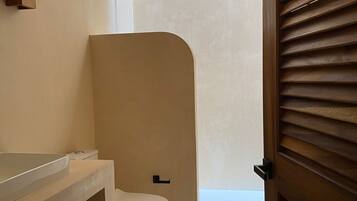 Tina con regadera, regadera tipo lluvia, secadora de cabello, toallas