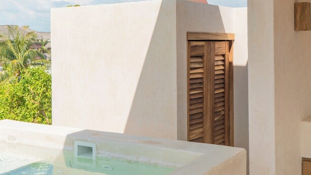 A spa area with a hot tub, a wooden door, and a view of greenery. - Punta Morelos (Brisas de Zicatela)