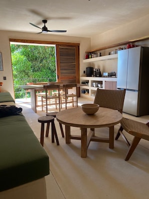 Full-sized fridge, stovetop, toaster, griddle