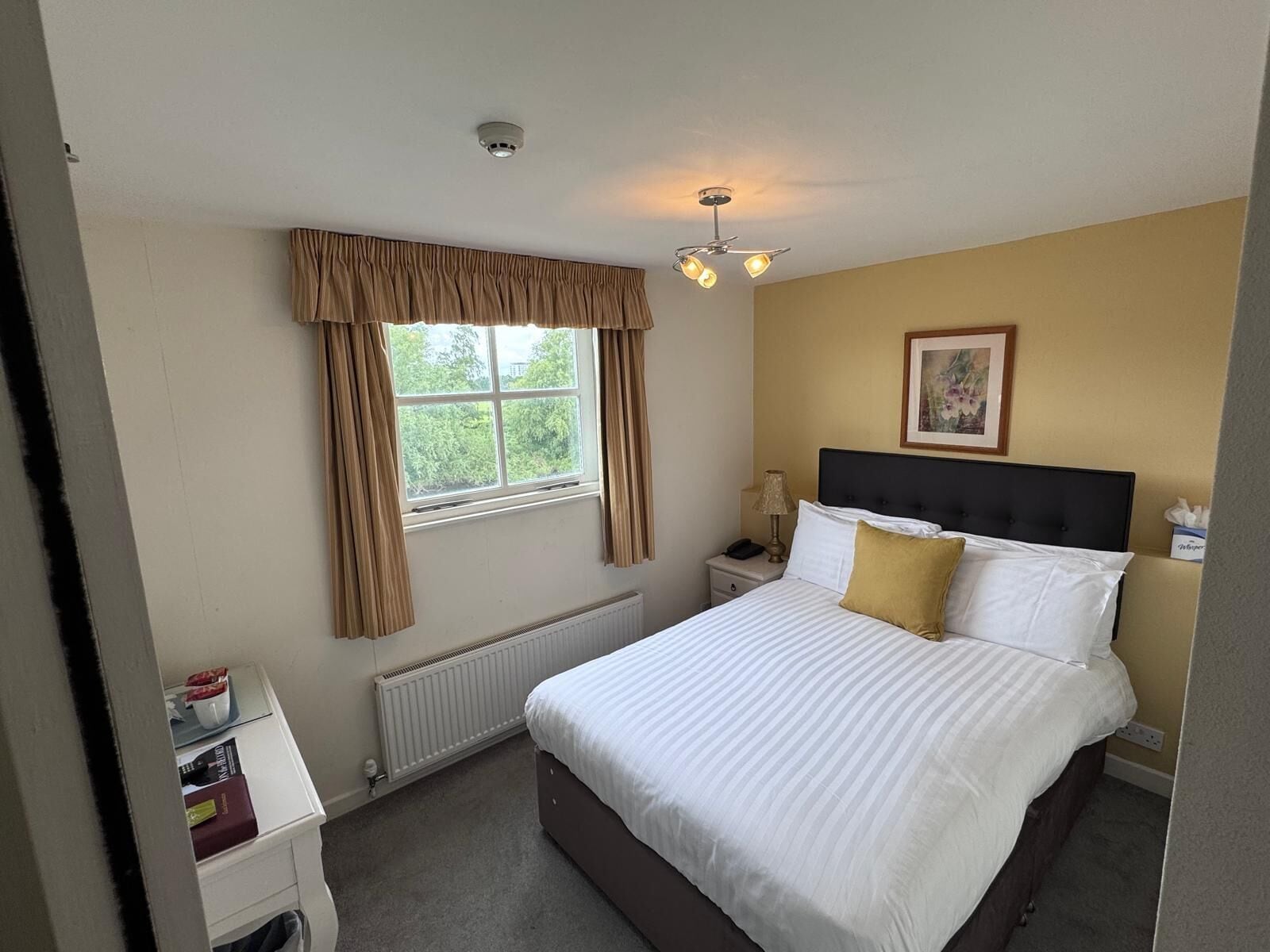 A bedroom with a bed, a nightstand, a window with curtains, a radiator, and a ceiling light fixture.